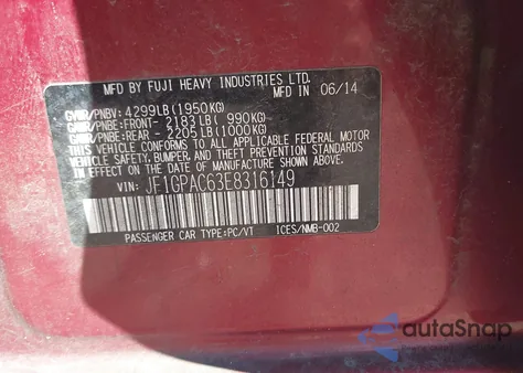 2014 Subaru Impreza 2.0I Premium from USA, damaged, VIN JF1GPAC63E8316149